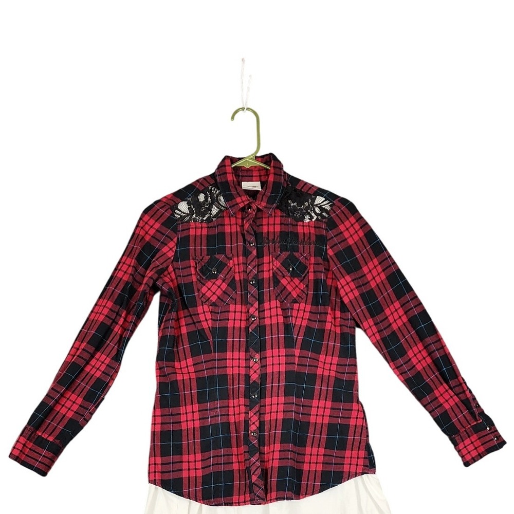 Harley Davidson Womens XS Plaid Button‎ Down Shirt Lace Embellished Western